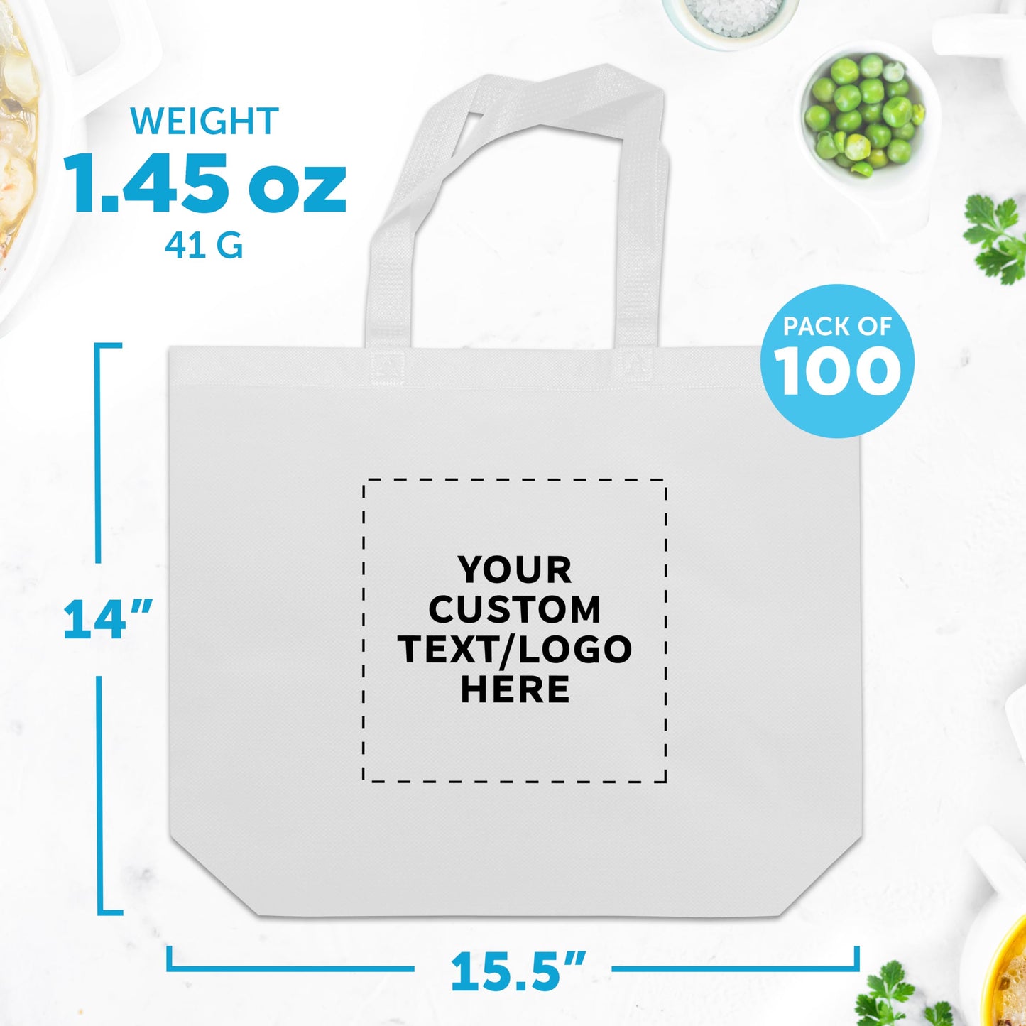 DISCOUNT PROMOS Custom Jumbo Sized Tote Bags Set of 100, Personalized Bulk Pack - Reusable Grocery Bags, Shopping Bags, Promotional Item Totes for Women - White