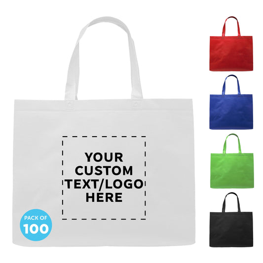 DISCOUNT PROMOS Custom Jumbo Sized Tote Bags Set of 100, Personalized Bulk Pack - Reusable Grocery Bags, Shopping Bags, Promotional Item Totes for Women - White