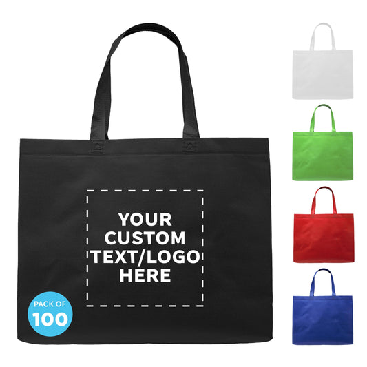 DISCOUNT PROMOS Custom Jumbo Sized Tote Bags Set of 100, Personalized Bulk Pack - Reusable Grocery Bags, Shopping Bags, Promotional Item Totes for Women - Black