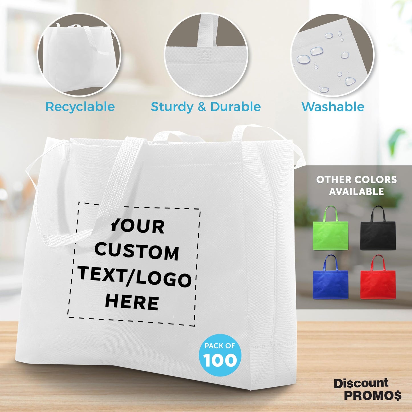 DISCOUNT PROMOS Custom Jumbo Sized Tote Bags Set of 100, Personalized Bulk Pack - Reusable Grocery Bags, Shopping Bags, Promotional Item Totes for Women - White