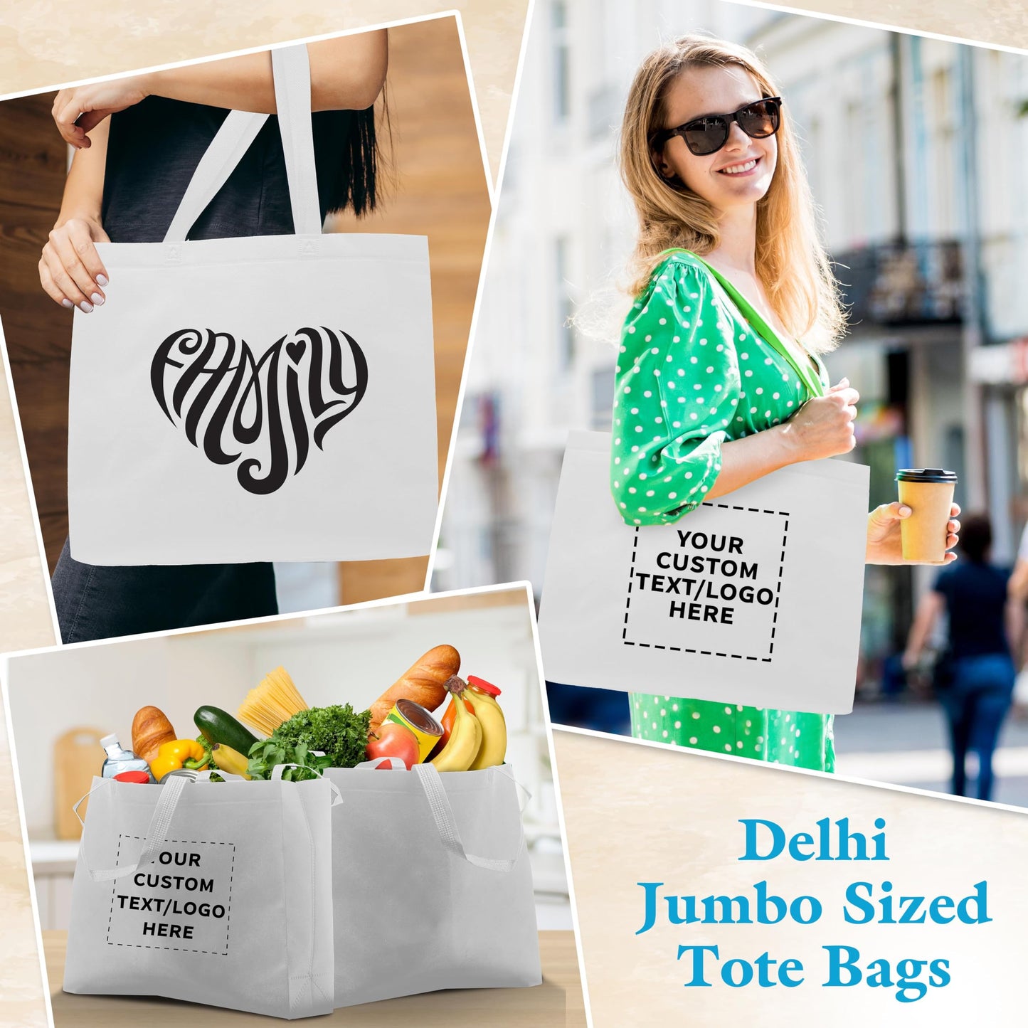 DISCOUNT PROMOS Custom Jumbo Sized Tote Bags Set of 100, Personalized Bulk Pack - Reusable Grocery Bags, Shopping Bags, Promotional Item Totes for Women - White