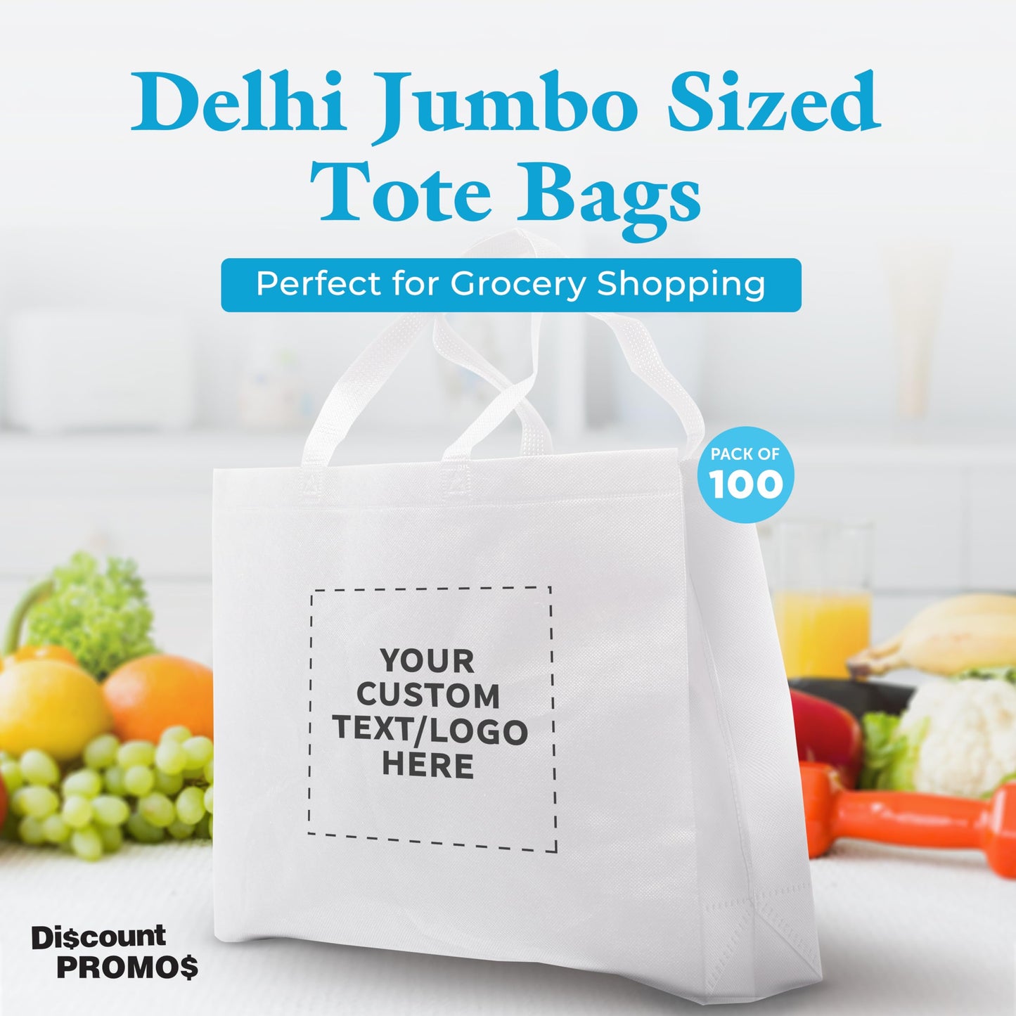 DISCOUNT PROMOS Custom Jumbo Sized Tote Bags Set of 100, Personalized Bulk Pack - Reusable Grocery Bags, Shopping Bags, Promotional Item Totes for Women - White