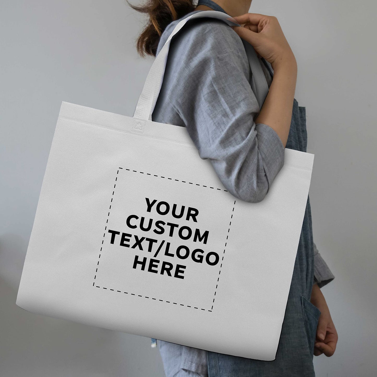 DISCOUNT PROMOS Custom Jumbo Sized Tote Bags Set of 100, Personalized Bulk Pack - Reusable Grocery Bags, Shopping Bags, Promotional Item Totes for Women - White